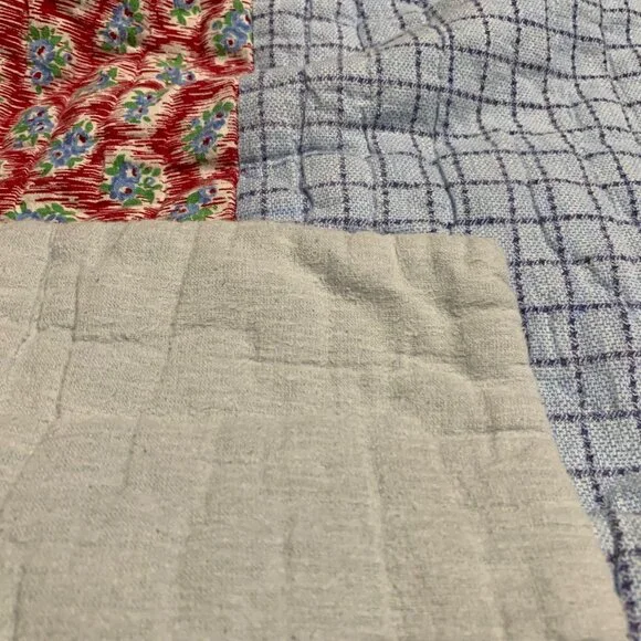 Vintage 74 X 66 in Pink & Blue Large Square Pattern Handmade Hand Stitched Quilt